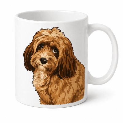 A white mug printed with a hand-painted portrait of a dog