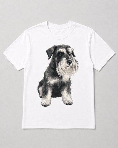 A white t-shirt printed with a hand-painted portrait of a schnauzer