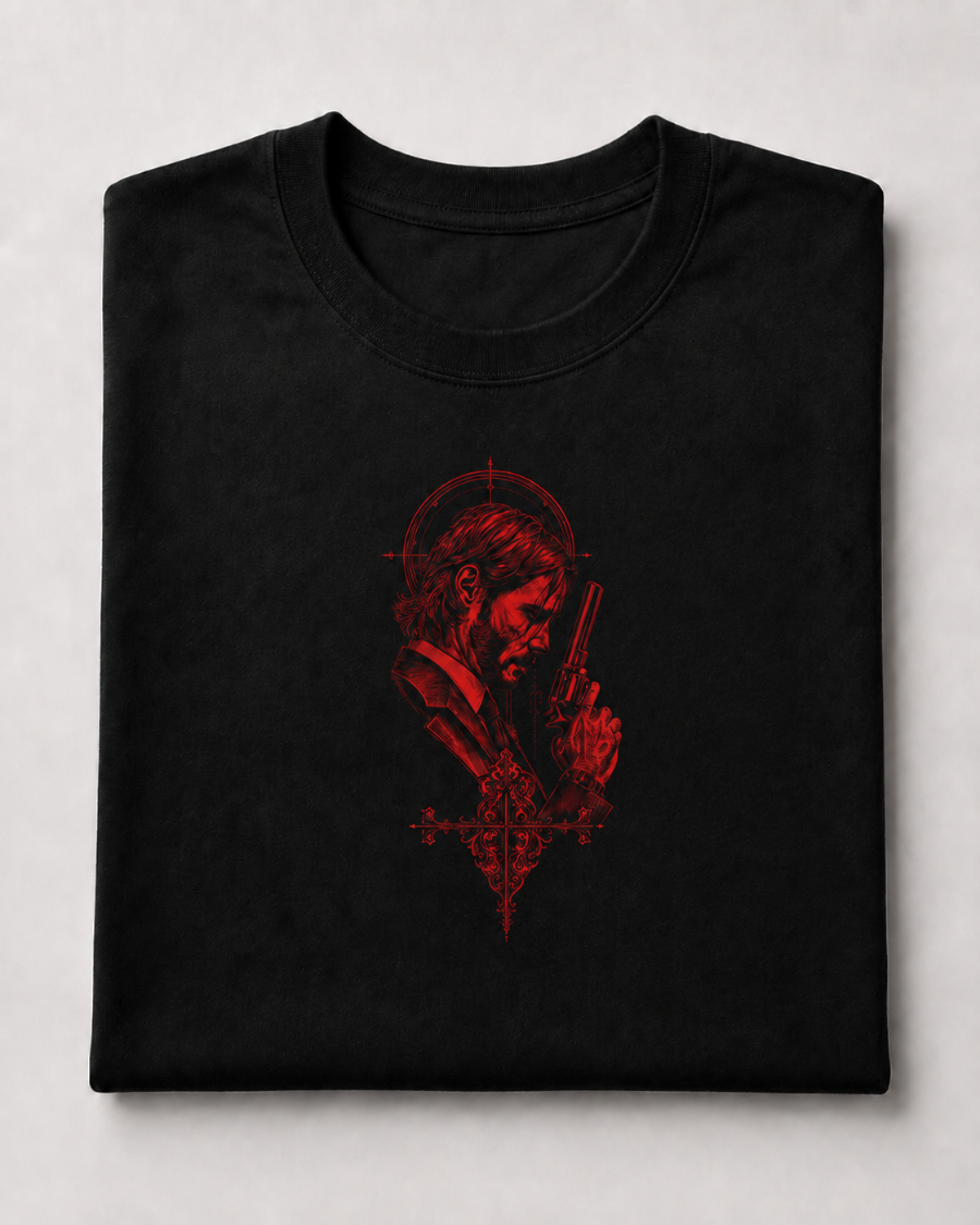 Red Revolver John Wick Portrait T-Shirt — Black