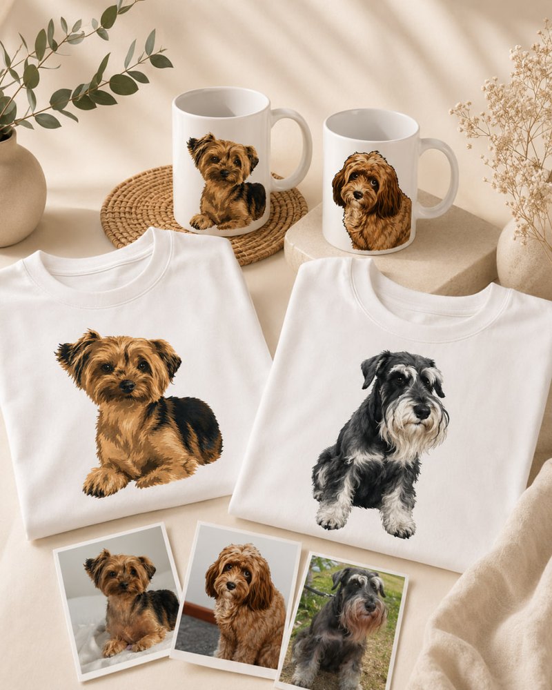 A gift box with two tees and two mugs printed with watercolour dog portraits
