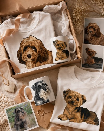 An open kraft box with a printed tee, a mug and photo prints