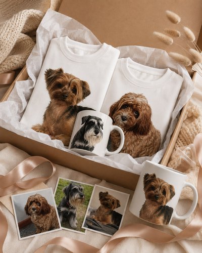 A wrapped gift box with a pet-portrait tee and mug